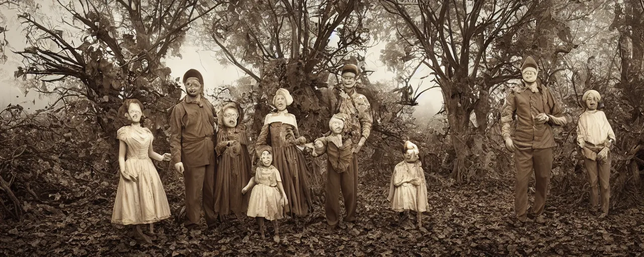 Prompt: a perfect 1950 family wearing pumpkin heads standing in a dead forest, fall season, old world photography, sepia, dead trees, pumpkins, photorealistic, insanely detailed and intricate, epic, volumetric haze, hyper realistic, elegant, ornate, elite, horror, creepy, ominous, haunting, cinematic lighting, metal plate photograph, unreal engine, symmetrical, cinematic centered camera, high detail by Isaac Levitan, Frederic Church and Vasily Perov