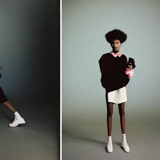 Image similar to realistic! photoshoot for a new balenciaga lookbook, color film photography, portrait of a beautiful woman, photo in style of tyler mitchell, 35mm