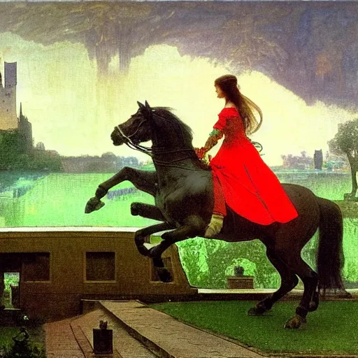 Image similar to Girl riding a horse leaving the castle through the bridge, thunderstorm, french garden on the background major arcana sky, by paul delaroche, alphonse mucha and arnold böcklin arnold böcklin hyperrealistic 8k, very detailed