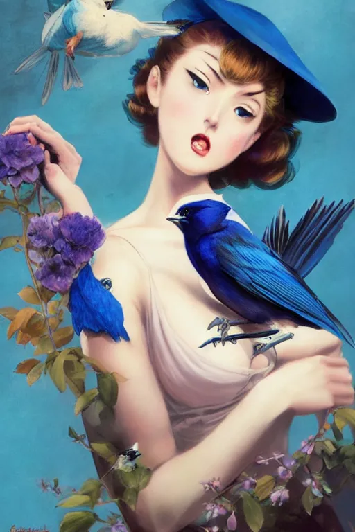 Image similar to anime pinup girl holding an indigo bunting, bird, the bird is wearing a bowtie, by greg rutkowski, rossdraws, gil elvgren, enoch bolles, anime, porcelain skin, very coherent