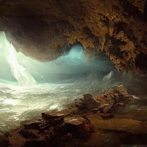 Image similar to an eerie whirlpool, seen from above, in a cave matte painting, fantasy art, by greg rutkowski, by andreas achenbach,