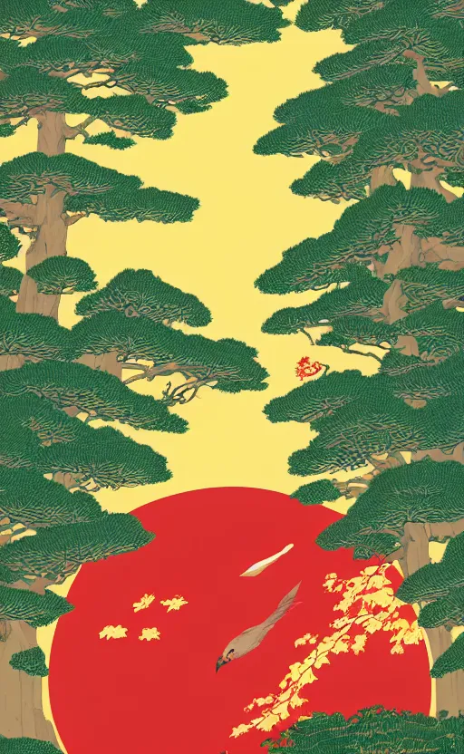 Image similar to hanafuda, portrait of huge grus japonensis at a lake in the middle of japanese pines, a big red sun in the background, front game card, vector line art, trending on artstation, concept art, stunning, matte