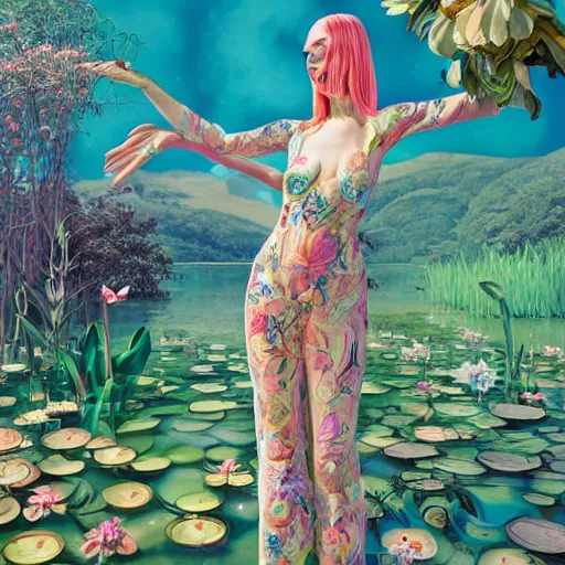 Image similar to pretty model with water lillies : : by martine johanna and simon stalenhag and chie yoshii and casey weldon and wlop : : ornate, dynamic, particulate, rich colors, intricate, elegant, highly detailed, vogue, harper's bazaar art, fashion magazine, smooth, sharp focus, 8 k, octane render