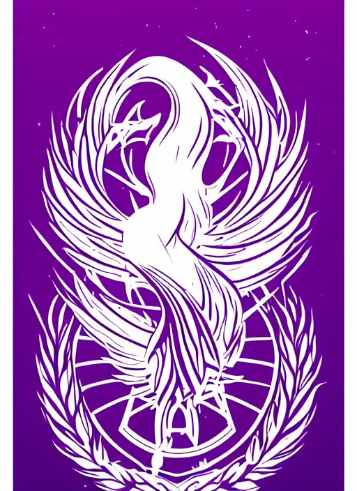 Prompt: white phoenix on salt crystals simple background simplified stylised poster art neat graphic design style holistic on purple flames geometric