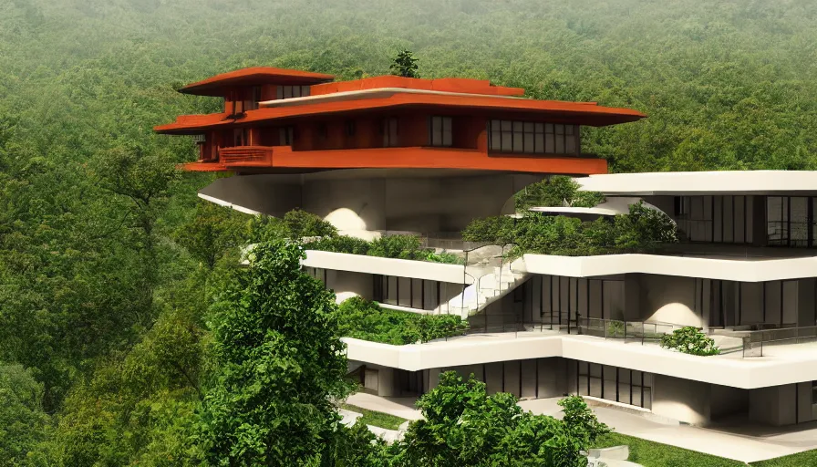 Image similar to modern temple house inspired by tibetan architecture, on a green hill, overlooking a valley with trees, frank lloyd wright, realistic render, birdseye view