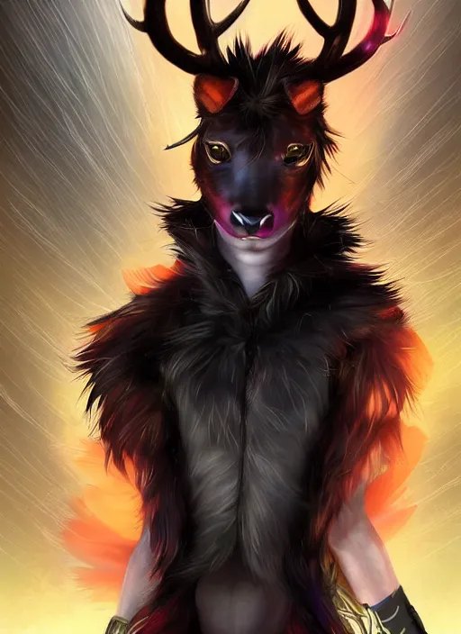 Image similar to award winning beautiful portrait commission of a male furry anthro Black Reindeer fursona with a tail, wings and a cute beautiful attractive detailed furry face wearing stylish black and orange cyberpunk clothes in a cyberpunk city at night while it rains. Character design by charlie bowater, ross tran, artgerm, and makoto shinkai, detailed, inked, western comic book art