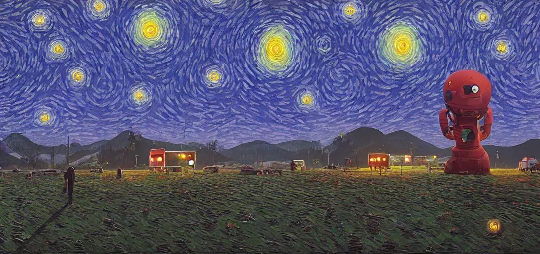 Prompt: Starry Night, painting by Simon Stalenhag