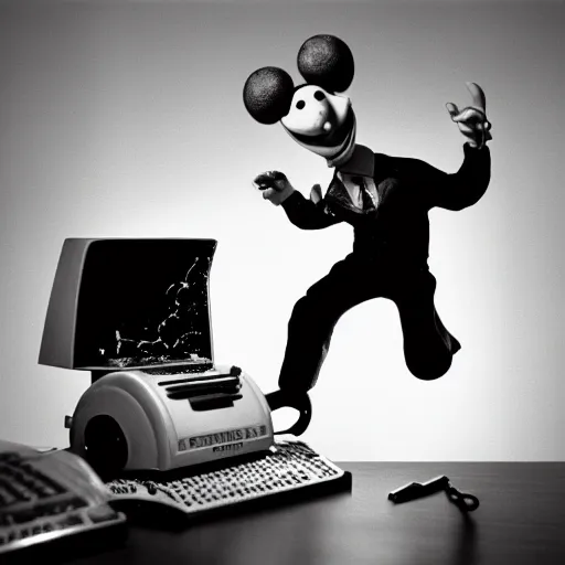 Image similar to a black and white photograph of a man destroying a computer until it sparks, by gary baseman, by robert crumb, by jim henson, photorealistic, surreal, soft lighting, film photography, home photography, home video