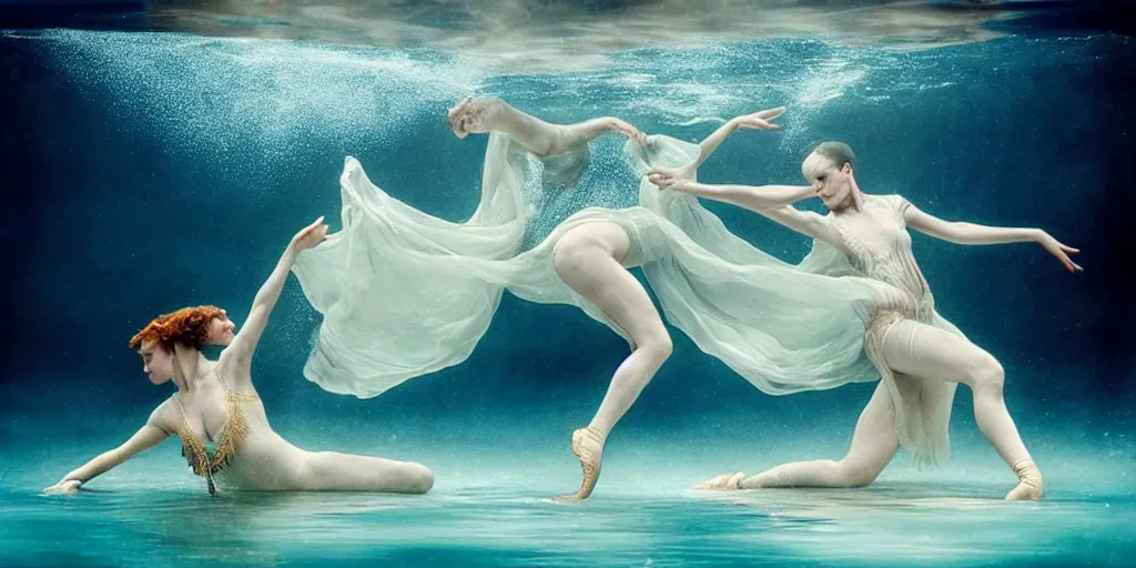 Prompt: underwater realistic photography of dancers with long gorgeous clothes , renaissance epic scene . Fluidity, elegance, beauty, water ocean cautic , ocean surface visible and water bubbles details rising up reaslitic undrwater background, high details. by CHRISTY LEE ROGERS