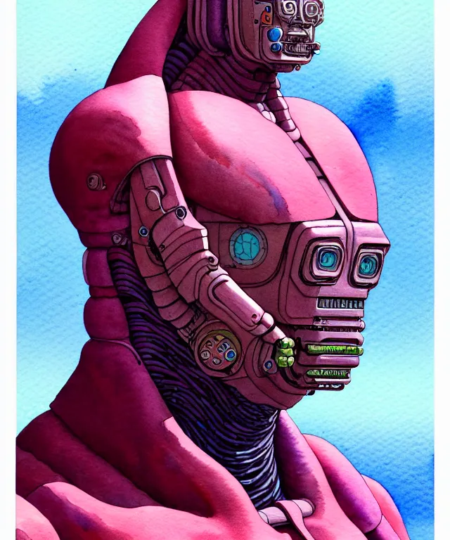 Image similar to a watercolor painting character portrait of a machine mutant in the style of jean giraud in the style of moebius trending on artstation deviantart pinterest detailed realistic hd 8 k high resolution