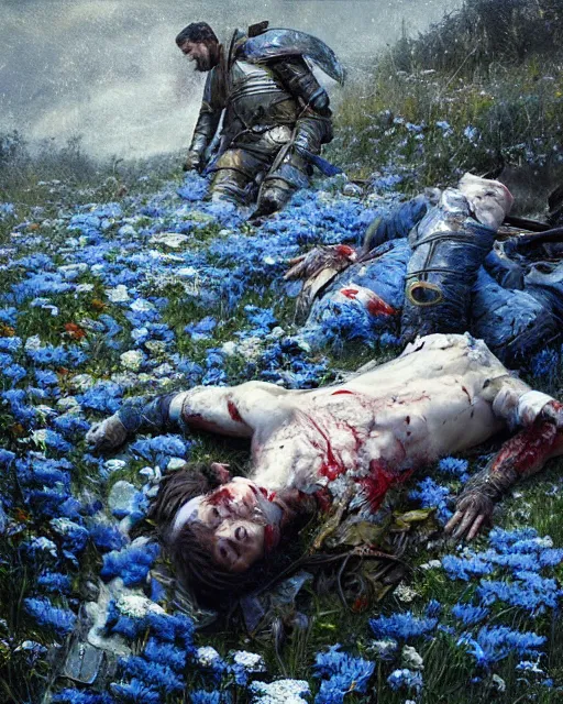 Prompt: Highly realistic oil painting of a wounded knight lying in the snow and surrounded by blue flowers, blood on flowers, by greg rutkowski, highly detailed, cinematic lighting, moody, dark