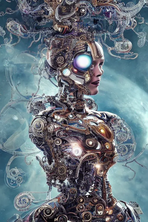 Image similar to a beautiful mechanized feminine android goddess of the quantum realm, westworld, photorealistic, intricate detail, elaborate machinery, clockwork, torn tapestry, swirling smoke, ember particles, regal design, royal relief