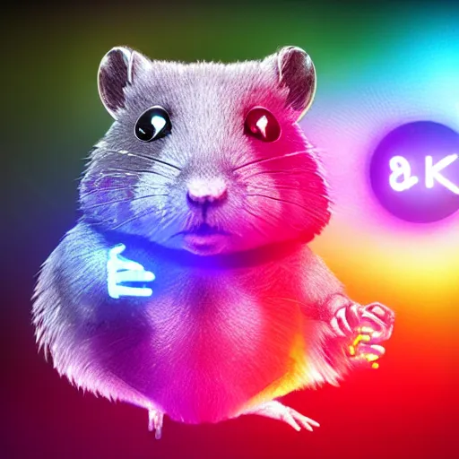 Image similar to cyberpunk hamster! holding rainbow! gem! crystal, neon lights, light reflection, logo, 8 k, hd