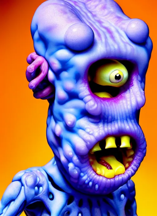 Image similar to hyperrealistic rendering, fat smooth cronenberg flesh monster spongebob face by art of skinner and richard corben and jeff easley, product photography, action figure, sofubi, studio lighting, colored gels, colored background