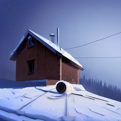 Prompt: a cabin on a hill, snowatorm, winter, smoke rising from the pipe, by alex andreev, landscape, high contrast, digital