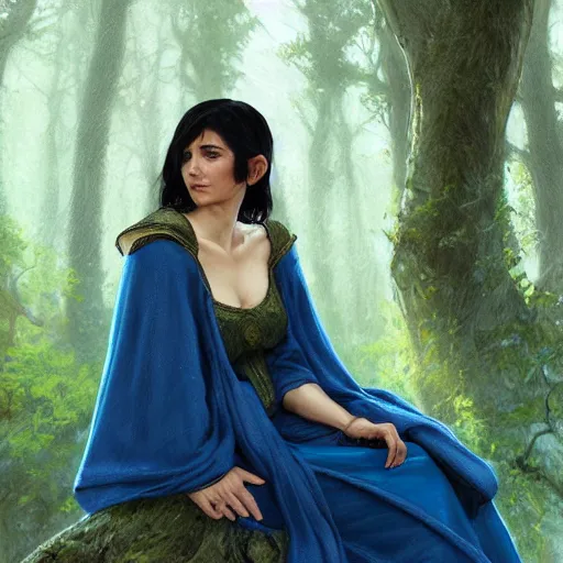 Prompt: d & d portrait of an elf resting on a tree, short black hair, regal sky blue robes, sharp focus, intricate, smooth, ultra realistic digital art, high fantasy, pointed ears, elegant, by artgerm, greg rutkowski, alphonse mucha