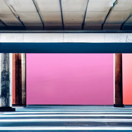 Image similar to retrofuturistic street scene with a row of large polished concrete platforms leading from near to far, focus on pink and blue colours, steam from ground