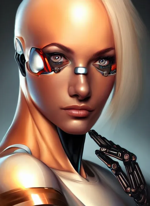 Image similar to portrait of a cyborg woman by Artgerm, (((((face turns left))))) (((((face turns right))))), open eyes , biomechanical, hyper detailled, trending on artstation