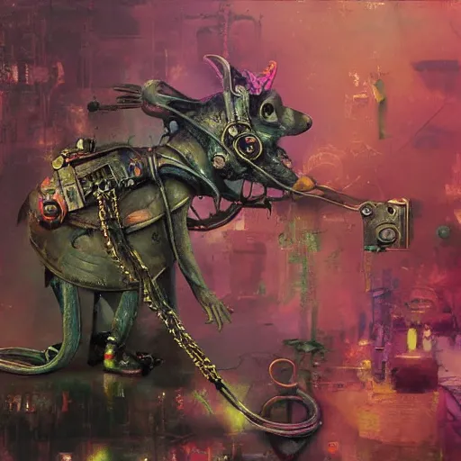 Image similar to steampunk rat, acid, 303, psychedelic, by ruan jia