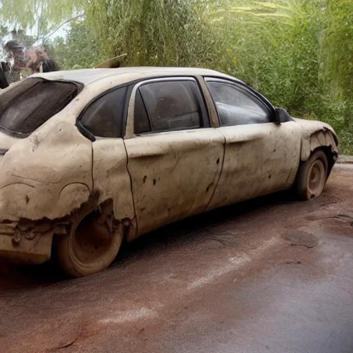 Prompt: car covered in human skin