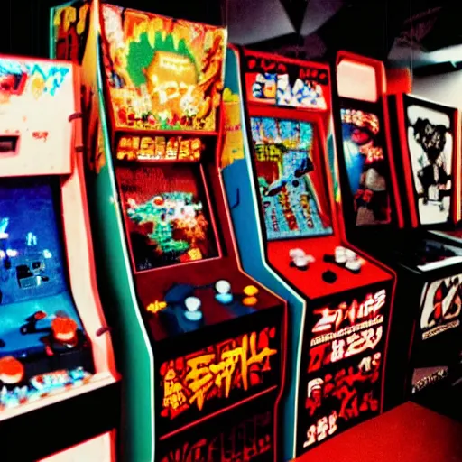 Prompt: grimey japanese retro arcade filled with satanic arcade cabinets, demonic, 9 0's gaming, satanic