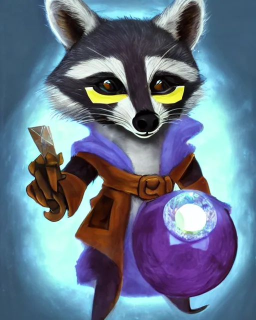 Prompt: 3 5 mm portrait of furry necromancer sly cooper raccoon holding a magical glowing gemstone in a crystal cave, d & d, magic the gathering, disney, pixar,
