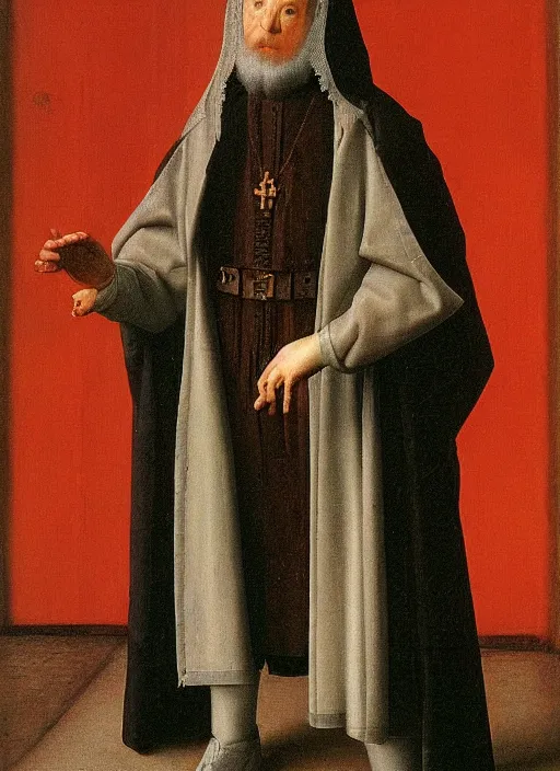 Image similar to a cyberpunk priest by Jan van Eyck