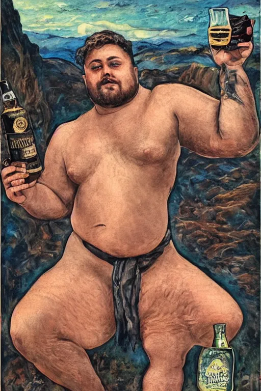 Prompt: a dramatic, epic, ethereal painting of a handsome thicc chunky mischievous shirtless cowboy with a beer belly wearing a large belt and bandana offering a whiskey bottle | he is relaxing by a campfire | background is a late night with food and jugs of whisky | homoerotic | stars, tarot card, art deco, art nouveau, intricate | by Mark Maggiori (((and Alphonse Mucha))) | trending on artstation