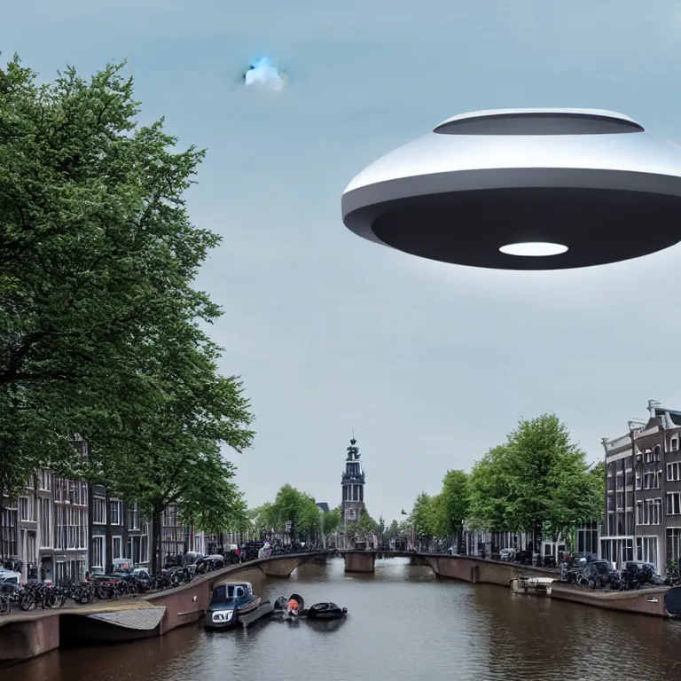 Prompt: a ufo hovering over Amsterdam