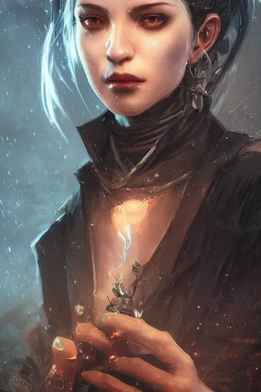 Image similar to a fancy close up portrait of a beautiful dark mage using magic by Greg Rutkowski, Sung Choi, Mitchell Mohrhauser, Maciej Kuciara, Johnson Ting, Maxim Verehin, Peter Konig, final fantasy , mythical, 8k photorealistic, cinematic lighting, HD, high details, atmospheric,