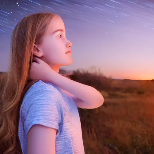 Prompt: “Detailed photo of a white, adolescent girl as seen from the side from the shoulders up. The girl has shoulder-length straight blonde hair and blue eyes. She is looking up slightly at a night sky filled with dazzling stars with a hopeful, awe-filled expression. Illumination from starlight. 4K”