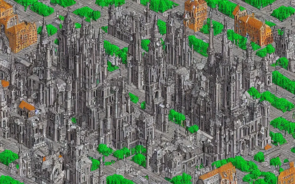 Image similar to an 18th gothic city. Pixel art.