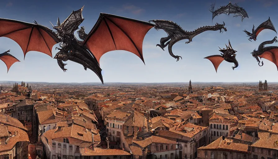 Prompt: the monumental city of caceres with dragons flying over it, digital art, trending on artstation