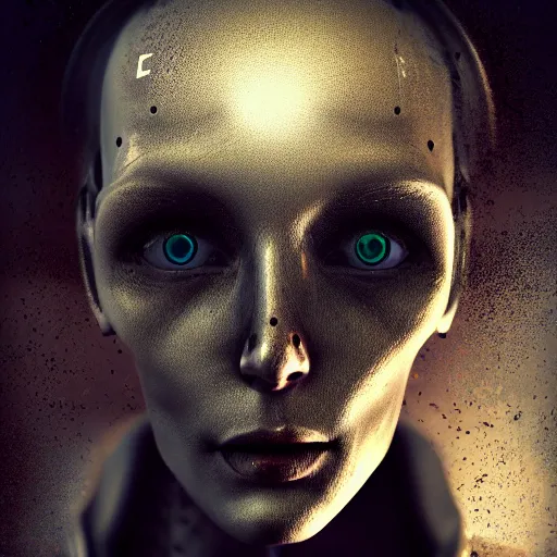 Image similar to photorealistic portrait of an artificial intelligence, 3d cgi, realistic, dramatic, dark mood, war apocalyptic,