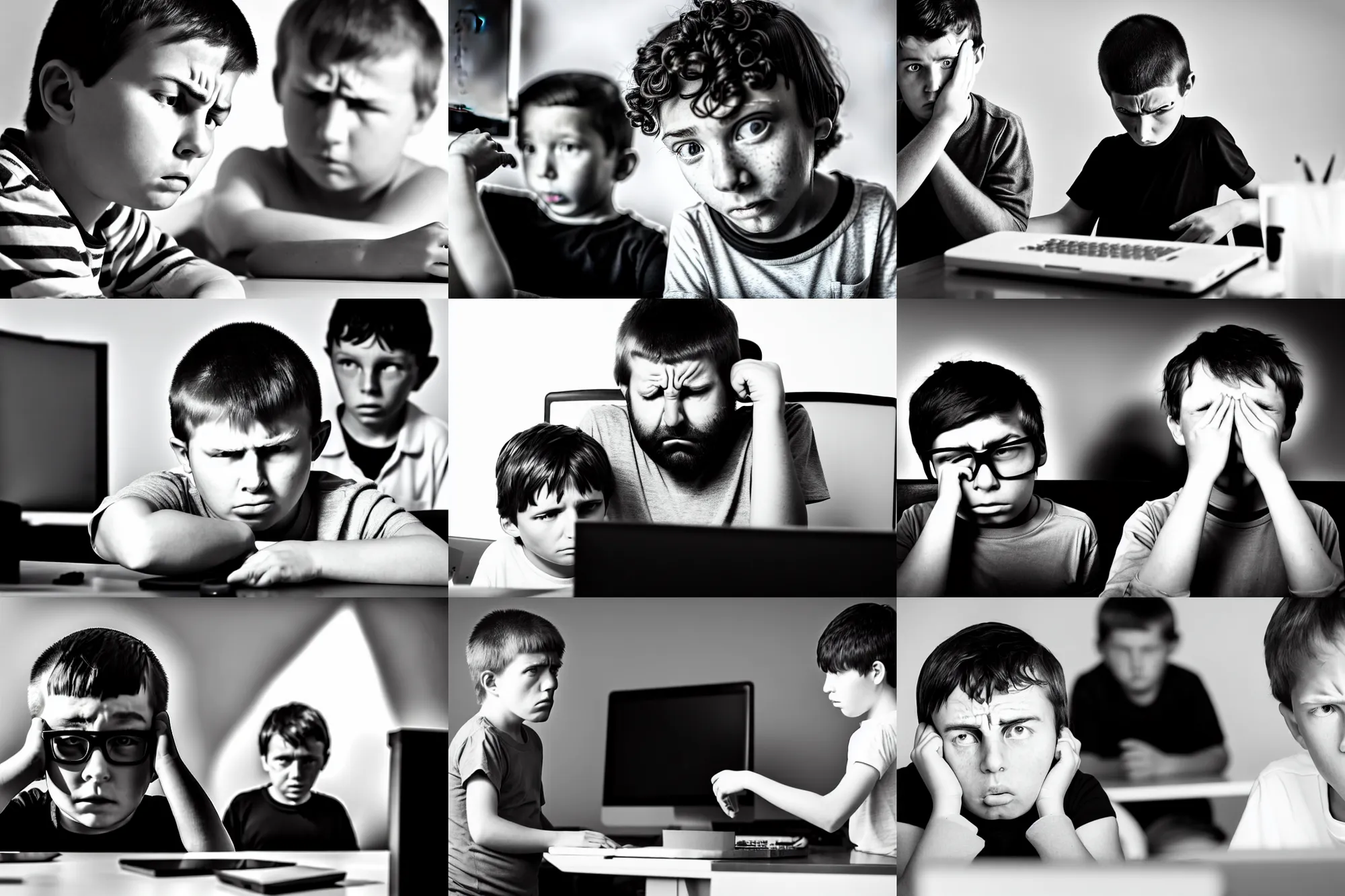 Prompt: hangover man behind computer and sad kid staying near the man. black and white photo, sharp, high detail, perfect faces