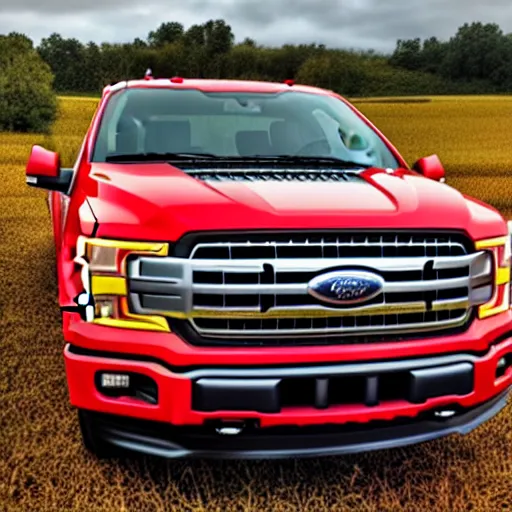 Prompt: A photograph of a red Ford F-150 pickup truck (2018) in a farm field, photo taken in 2018