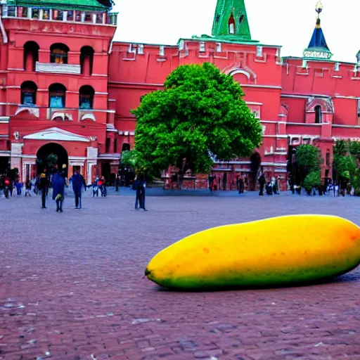 Image similar to photo of giant mango on red square, super wide shot, bokeh