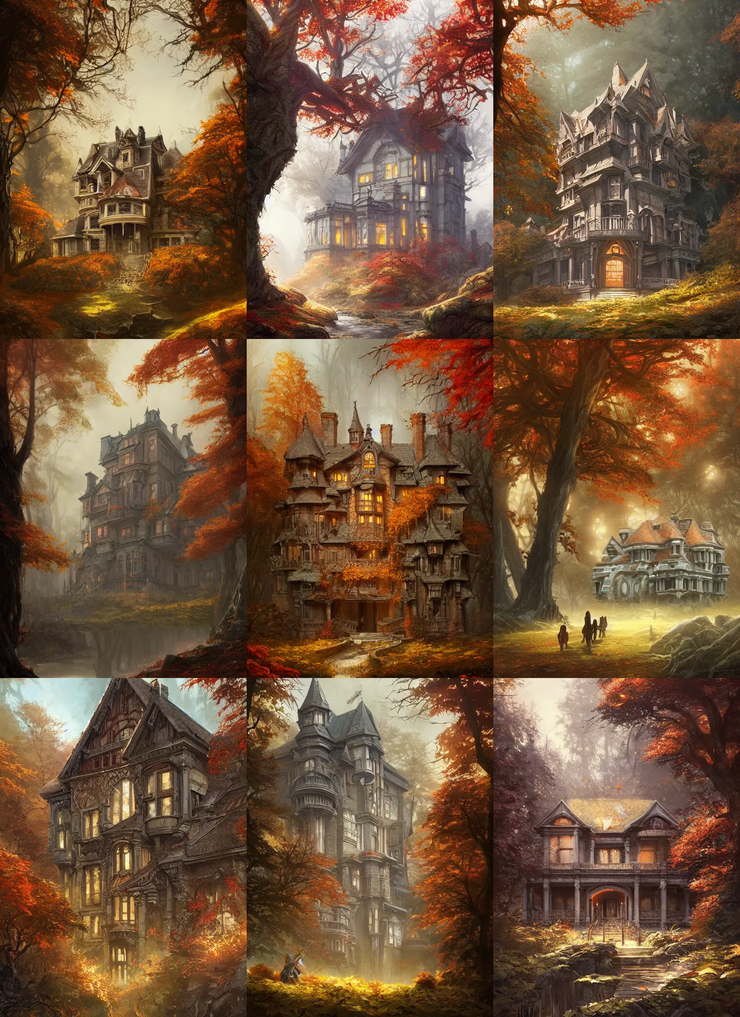 Prompt: mansion at the edge of the autumnal forest, d & d, fantasy, portrait, highly detailed, digital painting, trending on artstation, concept art, sharp focus, illustration, art by artgerm and greg rutkowski and magali villeneuve