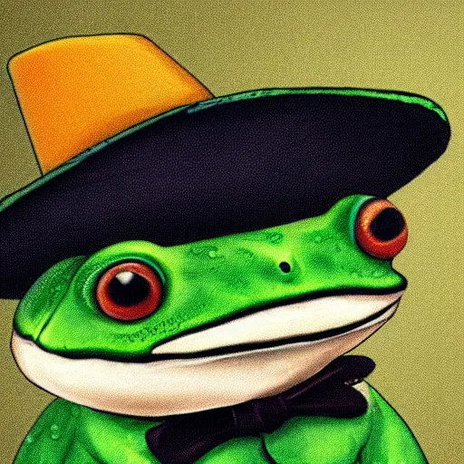 Image similar to A photo of a frog with a hat, he is dressed in a suit, he looks very sophisticated