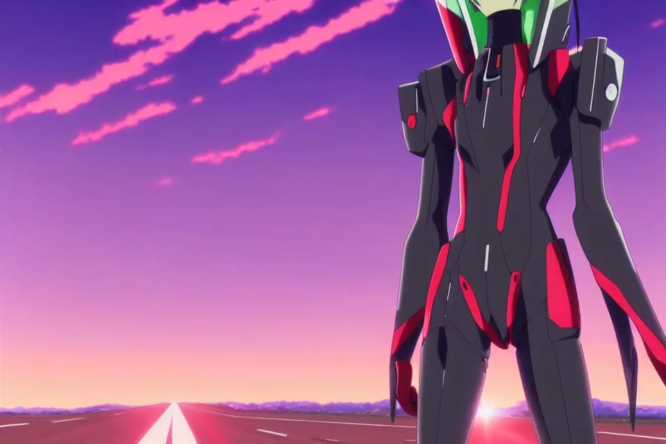 Image similar to anime illustration of evangelion eva - 0 1 standing on an empty highway wearing a black plugsuit at dawn, cinematic lighting, evangelion anime poster, rebuild of evangelion 1 0 8 0 p, 9 0 s anime aesthetic, volumetric lights, rule of thirds, unreal engine render, pinterest wallpaper, trending on artstation