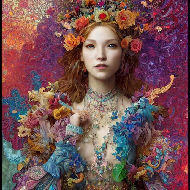 Prompt: a respectful woman made of fractal gems, fractal crystals, very intricate, hyper realistic, octane render, very colorful, vibrant, cinematic, amazing details, by james jean, by brian froud, by ross tran, by alphonse mucha