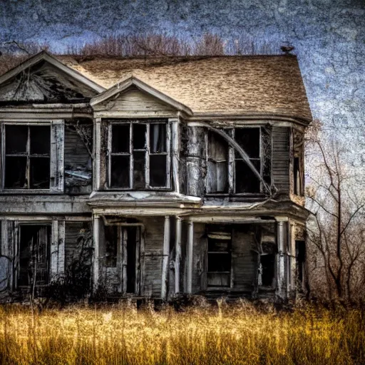 Image similar to VHS still of an abandoned house