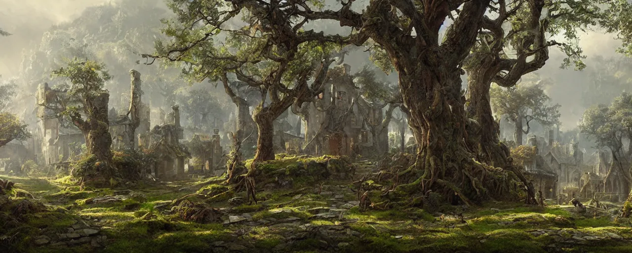 Prompt: a painting of a medieval village in a mossy forest with giant trees, stunning intricate matte painting by senior environment artist, cgsociety, fantasy art