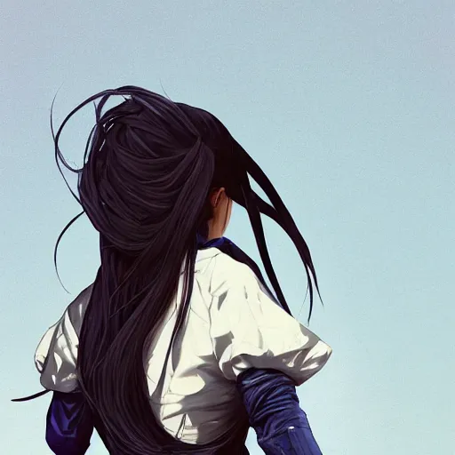 Prompt: low - angle shot from behind of a long blue - haired girl in a tailcoat overlooking demacia, combat boots, noir, screenshot, sharp focus, intricate, illustration, cell shaded, digital painting, highly detailed, straight hair, art by ilya kuvshinov, wlop, greg rutkowski, studio quality, james jean