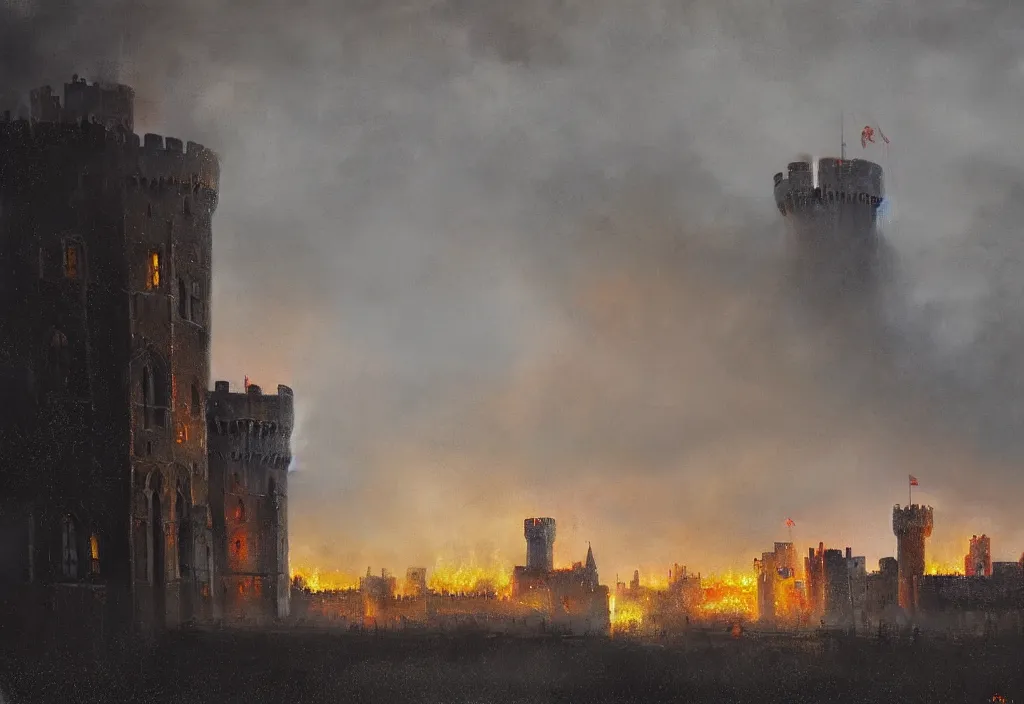 Image similar to windsor castle on fire, artstation, jakub rozalski, high detail, dramatic lighting, night, rain