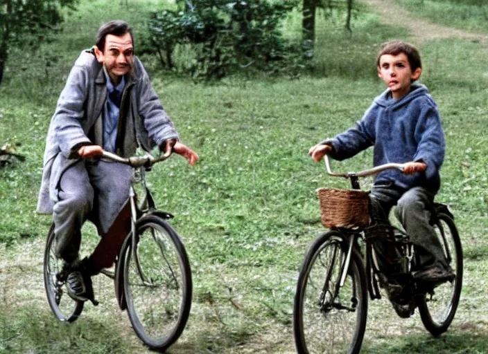 Image similar to the movie et except the alien is mr bean bicycle scene