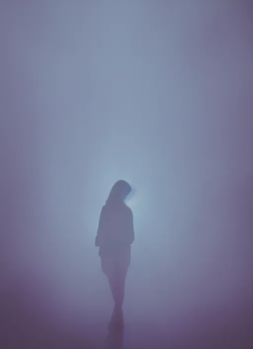 Image similar to a dark female silhouette, bright glowing translucent aura, fog, film grain