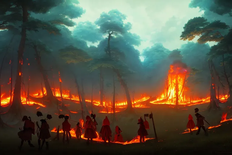 Image similar to baroque oil painting of key visual concept art of anime maids burning down a forest of elves, brutalist, dark fantasy, rule of thirds golden ratio, fake detail, trending pixiv fanbox, acrylic palette knife, style of makoto shinkai studio ghibli genshin impact james gilleard greg rutkowski chiho aoshima