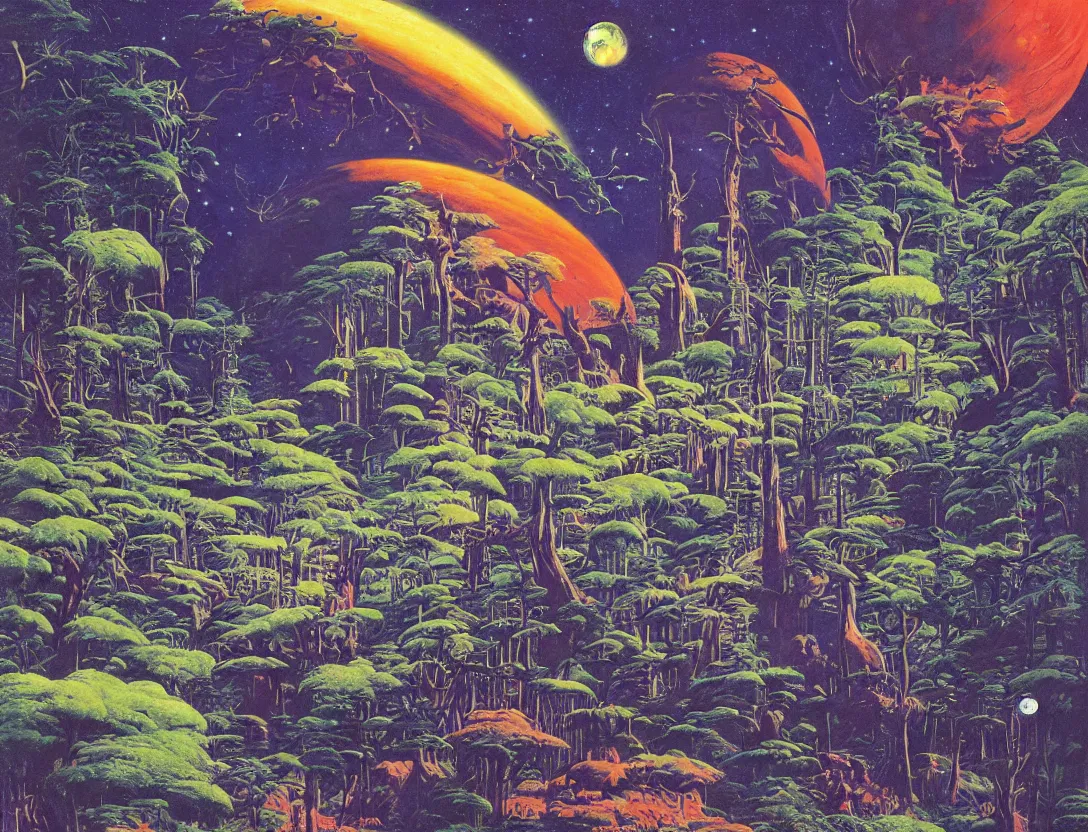 Image similar to a lush alien forest on a moon orbiting a gas giant!! by robert mccall