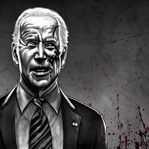 Image similar to joe biden as a rotting zombie, full body portrait, in a front of podeum, horror core, apocalyptic, feeling of grimdark, sharp focus, fiction, hyper detailed, digital art, trending in artstation, cinematic lighting, studio quality, smooth render, unreal engine 5 rendered, octane rendered, art style and nixeu and wlop and krenz cushart